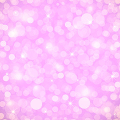 Beautiful pink background with bokeh lights, stars and sparkles. Vector illustration.