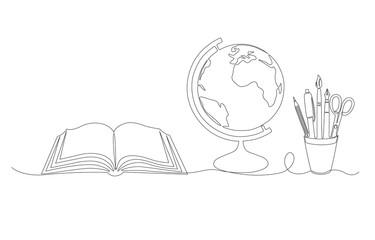 one line illustration of a book, a globe and a glass with writing tools.