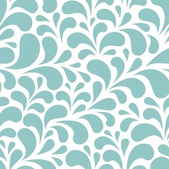 Seamless abstract pattern with blue and turquoise drops or petals on white background.