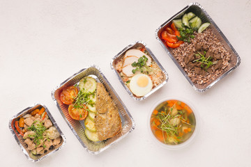 Healthy food for diet nutrition in take away foil boxes