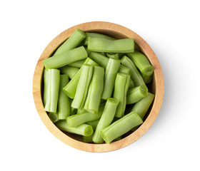 Long bean or cowpea in wood bowl isolated on white background. top view