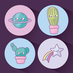 cactus tropical in pot plant with set icons kawaii style