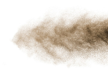 Brown powder explosion isolated on white background.
