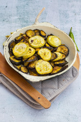 Baked or roasted zucchini and aubergine. Vegetarian food.