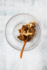 Sweet dried fruits cream paste with dates and peanut butter.