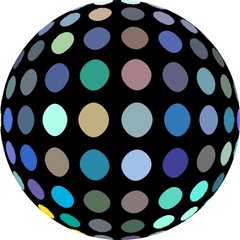 Mosaic 3d sphere icon abstract graphic. Macro dots halftone blue green lilac pattern on black globe. Symbol isolated.