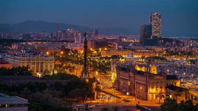 Rapid day to night transition of vibrant Barcelona city center. Holy grail time lapse.