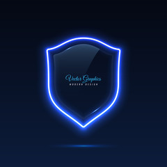 Glass banner shape shield. Transparent billboard with neon lights. Vector illustration.