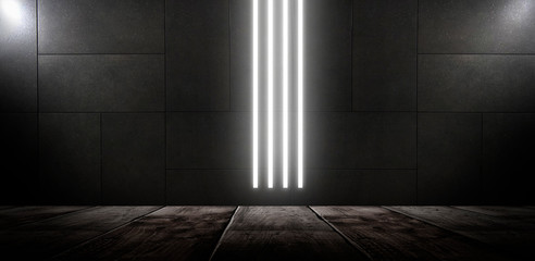 Background of an empty dark-black room. Empty brick walls, lights, smoke, glow, rays