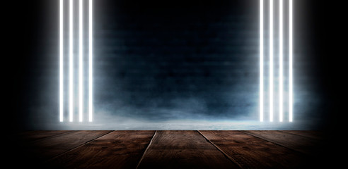 Background of an empty dark-black room. Empty brick walls, lights, smoke, glow, rays