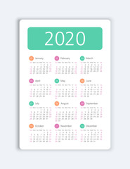 Vector calendar 2020 year. Week starts from Sunday