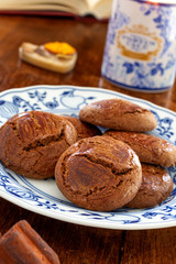 Homemade pastries on the table. Photo sweetness in a low key. Chocolate chip cookies