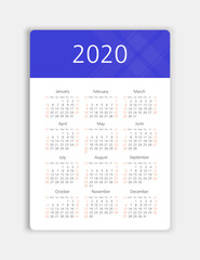 Vector calendar 2020 year. Week starts from Sunday