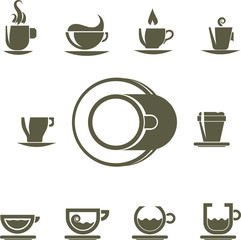 Collection coffee icons. Template for banner, logo, menu, brochure or emblem. Hot coffee cup modern set. 