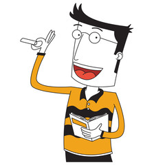 teacher is teaching by using chalk and book