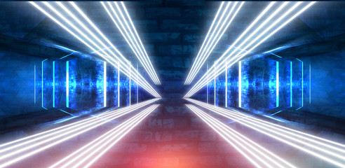 Obraz premium Blue background, abstraction. Dark corridor, tunnel, room. Blue neon, rays, lines. Space passage.