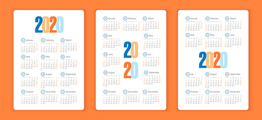 Vector calendar 2020 year. Week starts from Sunday