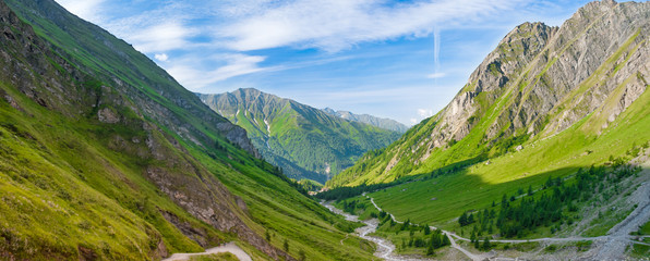 Panorama zielonej alpejskiej doliny - obrazy, fototapety, plakaty