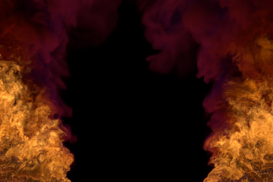 visionary blazing explosion on black, frame with dark smoke - fire from picture left and right corners - fire 3D illustration