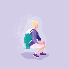 woman traveler with backpack seated