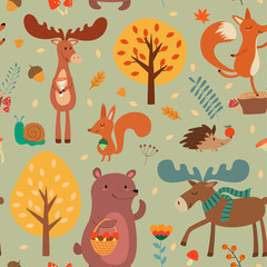 Autumn pattern with cute hand drawn forest animals and fall floral elements. Vector seamless texture.