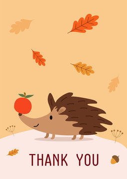 Stylish autumn card or poster with a cute hedgehog. Funny vector illustration with text.
