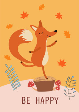 Stylish autumn card or poster with a cute fox. Funny vector illustration with text.