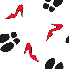 Silhouettes of shoes and soles. Seamless vector pattern in flat style.