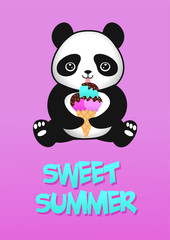 Cute cartoon baby panda with ice cream. Vector illustration.