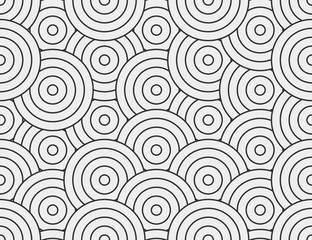 Abstract circle, line seamless pattern. Neutral monochrome business background, black grey color. Linear round shapes, creative geometric ornament