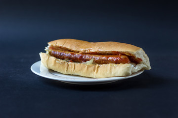 hotdog and fried onions on a white plate with dark background shlaaow depth of field