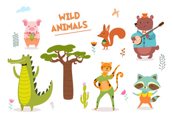 Cute hand drawn forest animals and floral elements. Ideas for postcards and posters. Vector illustrations.