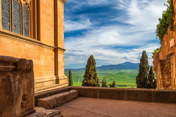 Pienza town with a surrounding countryside of the Val d'Orcia valley in Tuscany, Italy, Europe.