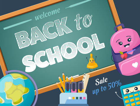 Welcome back to school blackboard with character funny smile