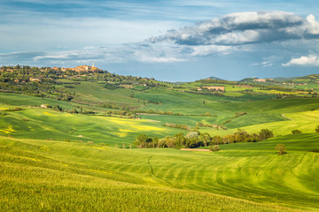 Pienza town and surrounding landscape in Val d'Orcia region of Tuscany, Italy.