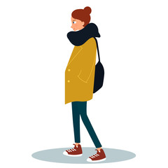 Young woman dressed in coat and holding a bag. Female cartoon character isolated on white background. Street style look. Vector illustration on white background in cartoon style