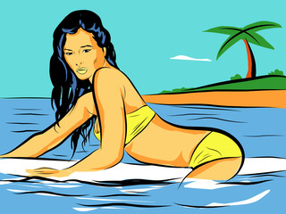 femme sexy sur une planche de surf,mer,plage (dessin couleur aplat) - 280026771