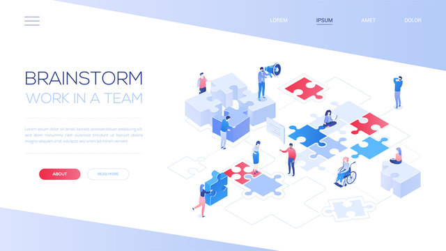 Brainstorm and teamwork - colorful isometric vector web banner