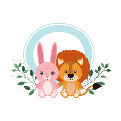 cute animals for baby card with branch and leaves of background