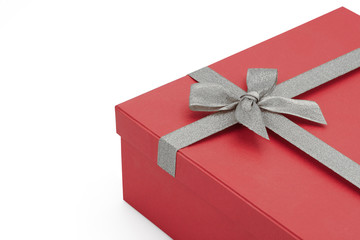 Red gift box with silver ribbon isolated on white background - Image