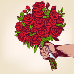 hand gives a bouquet of flower roses, greeting card hand drawn vector illustration realistic sketch