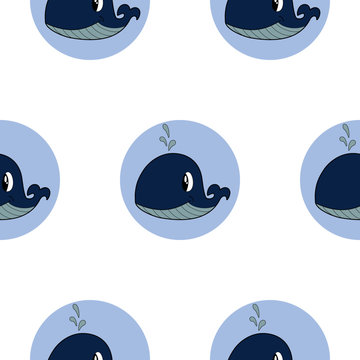 Blue Whale Illustration On Blue Circle, seamless illustration