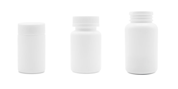 Set of white plastic medicine bottle isolated on white back ground, medical and drug concept, front view photo
