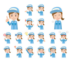 作業員　作業者　作業服　女性　表情感情セット