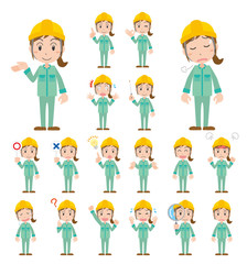 作業員　作業者　ヘルメット　作業服　女性　表情感情セット