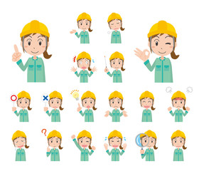 作業員　作業者　ヘルメット　作業服　女性　表情感情セット