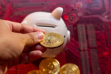 Bitcoin with circuit board microchips, virtual cryptocurrency,Mining golden, blockchain technology,money concept