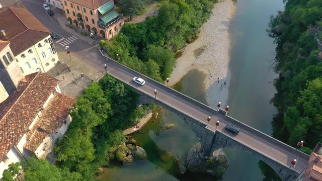 UDINE PROVINCE, ITALY - JUNE, 2019: Aerial panorama drone view of small town Cividale del Friuli beautiful architecture