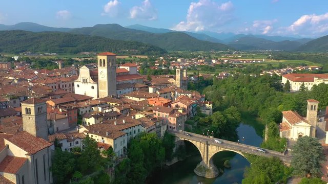 UDINE PROVINCE, ITALY - JUNE, 2019: Aerial panorama drone view of small town Cividale del Friuli beautiful architecture