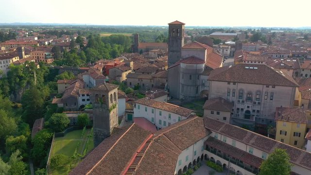UDINE PROVINCE, ITALY - JUNE, 2019: Aerial panorama drone view of small town Cividale del Friuli beautiful architecture